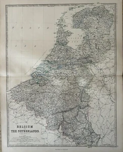 1876 Belgium & The Netherlands Large Hand Coloured Original Antique Map - Picture 1 of 3