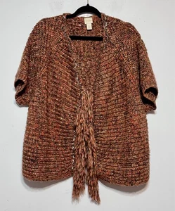 Chico's Chunky Knit Fringed Wool Blend Cardigan Sz 1 Medium Artsy Boho Lagenlook - Picture 1 of 7