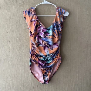 Liz Claiborne orange tropical One Piece Swimsuit Ruched Lined Front Sz 12 ruffle - Picture 1 of 10