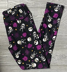 NEW LuLaRoe Halloween Leggings Black with Dancing Skeletons Purple Webs Tween - Picture 1 of 1