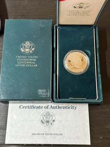 Dólar de plata conmemorativo prueba del centenario Eisenhower 1990 como nuevo de Estados Unidos certificado de autenticidad OGP - Imagen 1 de 5