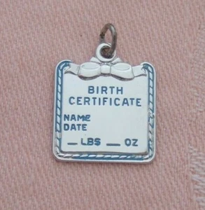 Vintage GEBURTSURKUNDE ~ GRAVIERBAR Sterling Silber EMAILLE Charm Neu aus altem Lagerbestand - Bild 1 von 2