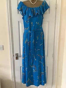 PER UNA SPECIAL OCCASION MAXI DRESS BLUE PATTERN BARDOT NECKLINE BELT SZ 16 VGC - Picture 1 of 6