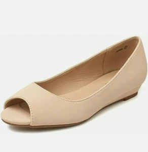 DREAM PAIRS Women's Dories Flats Shoes Low Wedge Heel Peep Toe Nude Nobuck 10 - Picture 1 of 9