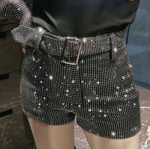 Rhinestone Bling High Waist Rave O Ring Festival Stage Performance Belted Short