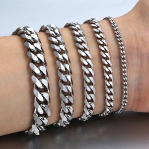 Womens Mens Bracelet Stainless Steel Curb Cuban Color SILVER Bracelet - Picture 1 of 5