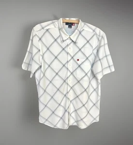 QUIKSILVER Shirt Mens Medium White Black Blue Short Sleeve Button Up Pocket Logo - Picture 1 of 23