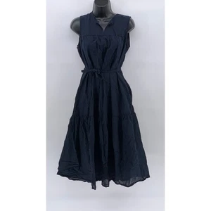 UNIQLO Women's Navy-Black Gingham Split Tie-Neck Sleeveless Belted Dress SZ XS  - Picture 1 of 13