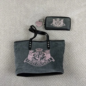 Vintage Juicy Couture Baby grau/rosa Velours Beuteltasche Tasche mit Geldbörse Scottie Dogs Y2K 2011 - Bild 1 von 13