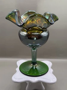 Dugan Glass Art Deco Antique Green Carnival Tulip Ruffle Compote Vase - Picture 1 of 6