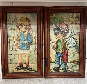 2 RETRO FRAMED SPANISH? PRINTS BIG EYE GIRL & BIG EYE BOY by ALICE c1960s-70s - Picture 1 of 8