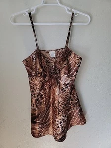 Leopard Print Satin Babydoll Cami Tank Top Medium Lace Up Front Ruffle - Picture 1 of 11