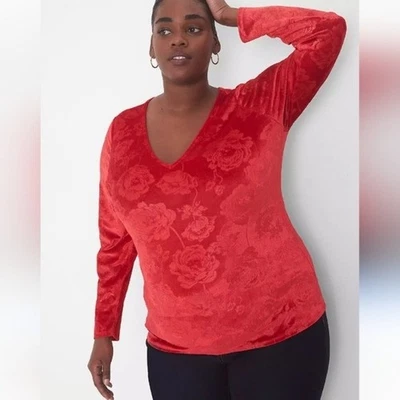 Lane Bryant Classic V Neck Velour Top Red Floral Long Sleeve Plus 18 20 Holiday - Image 1 of 4