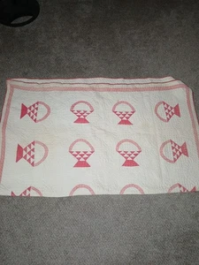 Hand Stitched Antique Baskets Quilt Pink Handmade Heirloom Cotton 54x60 - Picture 1 of 9