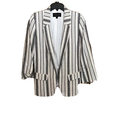 Chaqueta Blazer Ann Taylor 6 Gris Blanco Rayas Lino Abierta Primavera Verano Carrera Foto 1 de 4