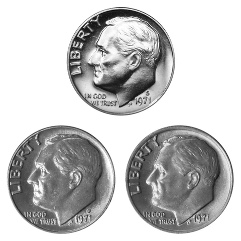 1971 P D S Roosevelt Dime 10c Year set Proof & BU US 3 Coin lot Cover