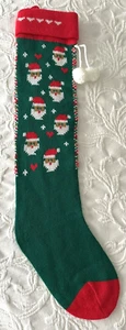 Vintage Knit Christmas Stocking Pom Poms Red Green White Santa Faces 24.5” - Picture 1 of 5