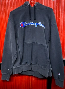 Vintage Champion Reverse Weave Hoodie Sweatshirt Black Adult Size Large - Picture 1 of 7