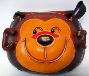 Leather Smiling Monkey Wallet Wristlet Shoulder Bag Clutch Red Brown - Picture 1 of 7