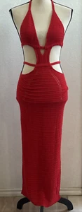 Crochet Halter Maxi Dress Cutout Knit Cover Up Beach Summer Red Size XS - Picture 1 of 11