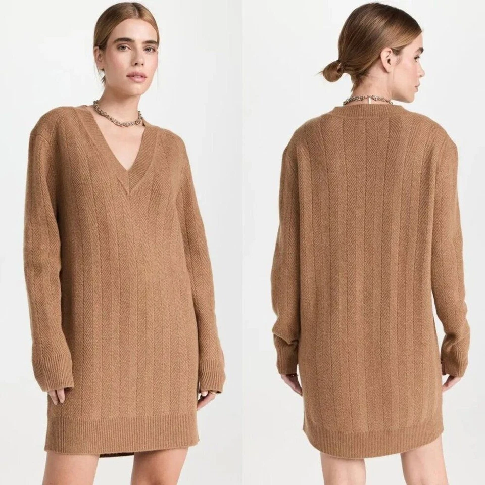 Rag & Bone Durham Cashmere Camel Brown Herringbone Knit V Neck Mini Dress XS - Image 1 of 4