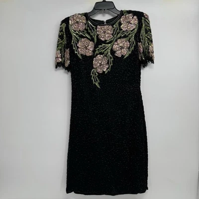 Vtg 80s SCALA Sequin Beaded SILK DRESS Size XL Black - Image 1 of 4