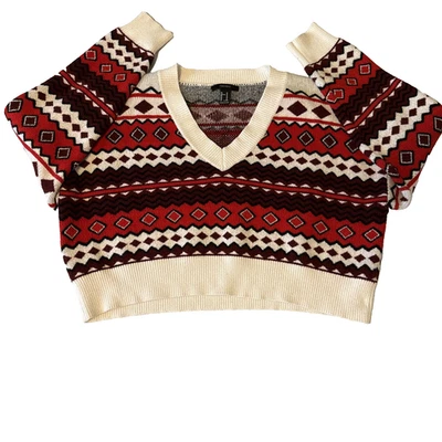 Suéter Forever 21 Fair Isle Rojo Recortado Cuello en V Tejido Para Mujer M Azteca Boho Vacaciones Foto 1 de 4