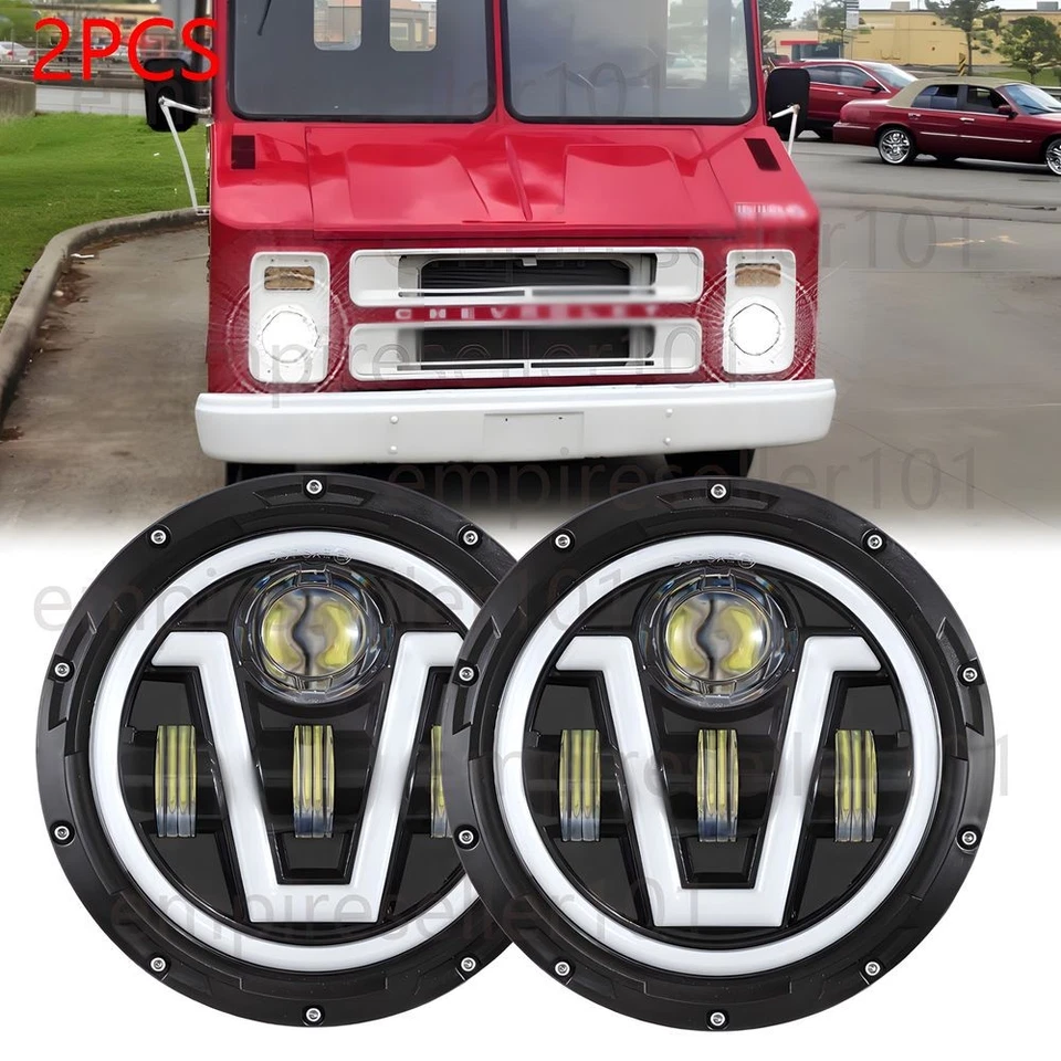 Par de Faróis de LED 7" Olhos de Anjo DRL Feixe Alto-Baixo Ajuste Chevrolet P10 P20 P30 Van - Imagem 1 de 4