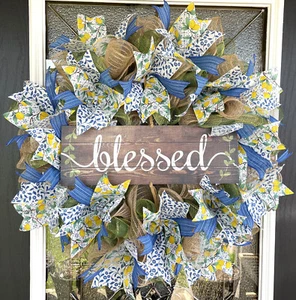 25" Blessed Lemons Blue Floral Spring Summer Deco Mesh Wreath Farmhouse Cottage - Picture 1 of 6