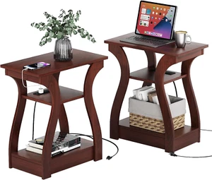 End Tables Living Room Set of 2, End Table with Charging Station, Cherry End Tab - Picture 1 of 7