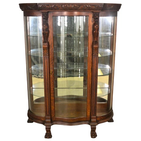 Antique Large Carved Lion Body Curved Glass China Closet #21692 Cover
