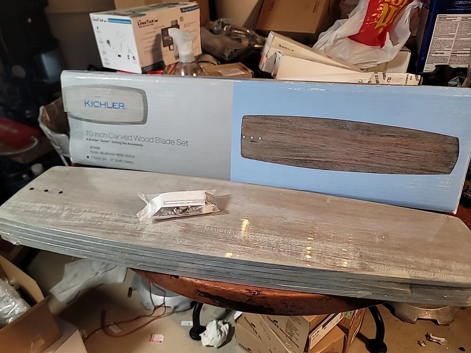 Kichler 70" Carved Wood 5 Blade Set 371050 Weathered White Walnut - Image 1 of 4