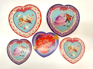 Vintage Beistle lot of 5 Heart Valentines Day Die Cut Decorations cupid lace - Picture 1 of 15