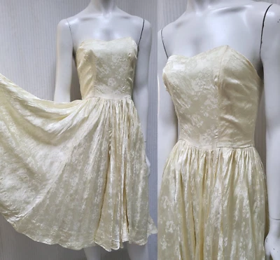 Vintage 50s Cream Satin Jacquard Strapless Full Circle Skirt DRESS - Size XXS - Image 1 of 4