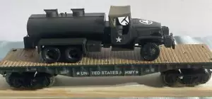 O GAUGE MILITARY ARMY FLAT CAR WITH WWII SOLIDO CCKW MILITARY TANK TRUCK NEW - Picture 1 of 6