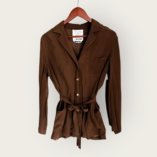 Giacca camicia Moschino economica e chic anni '90 marrone bottoni davanti sartoriale con cintura 8