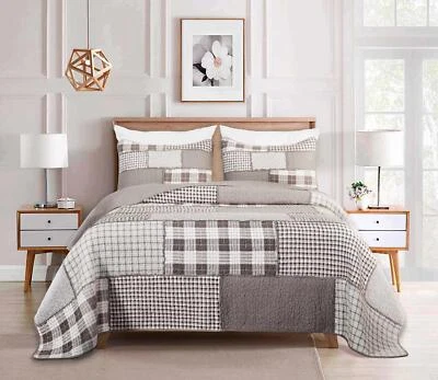 Pre-Washed Cotton Patchwork Quilt Set  Windowpane Plaid Bedspread Coverlet Set - Image 1 of 4