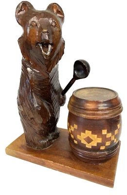 Olla de miel de oso de madera tallada a mano vintage con cuchara URSS rústica orgánica 10,75" Foto 1 de 4