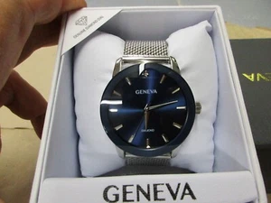 New Old Stock Geneva Diamond Men's Quartz Watch Silver Tone Bright Blue Dial - Picture 1 of 4