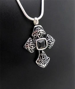 Ornate Black Stone Celtic Silver Cross Memorial Keepsake Cremation Urn Pendant - Picture 1 of 10