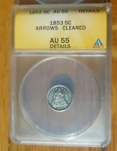 1853 Arrows Seated Liberty Silver Half Dime 5C-ANACS graded-AU55 DetailsCleaned - Picture 1 of 8