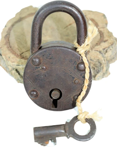 Primitive antique iron padlock with sliding lock and key Cover