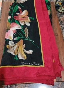 Oscar de la Renta Black Beige Pink Lilies Floral 100% Silk Square Scarf  - Picture 1 of 4
