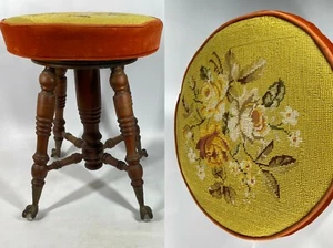 Antique Victorian Floral Rose Needlepoint 18" Turned Leg Ball Claw Organ Stool - Picture 1 of 12