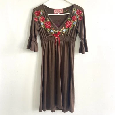 Vestido túnica Johnny Was JW Los Angeles para mujer S marrón bordado flores Foto 1 de 4