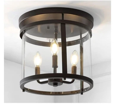 NEW JONATHAN Y CIEL SIMPLE FARMHOUSE 12.5" 3 LIGHT FLUSH MOUNT OIL RUBBED BRONZE - Image 1 of 4