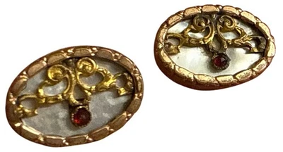 Antique Cufflinks Mother of Pearl w/Red Stone Gold Tone? 1920s - Image 1 of 4