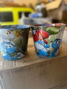 New AMC Smurfs Movie Popcorn Tin Bucket Pail Exclusive 2pc twin Smurf - Picture 1 of 12