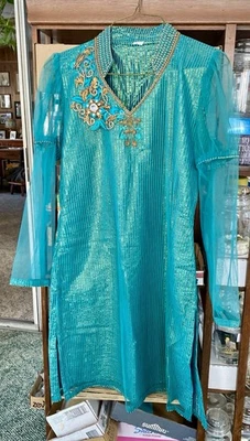 Turquoise Green Small  Frock Pakistani/Indian Wedding Sequins Embroidered - image 1 of 4