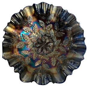 Fenton Cobalt Blue Carnival Glass Ruffled Bowl Holly Berry Pattern 1910s–1920s - Picture 1 of 5